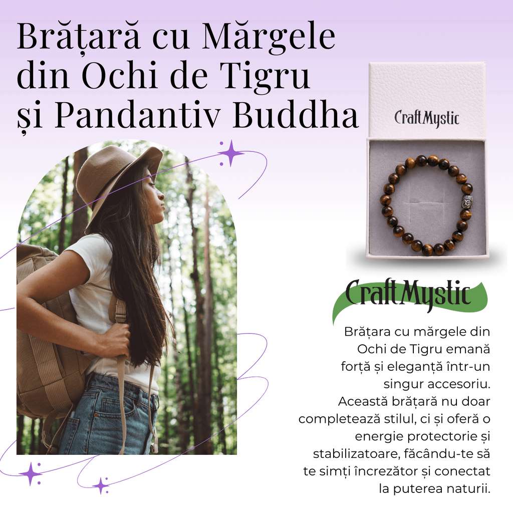 Bratara Elastica cu Margele 8mm din Piatra Naturala Ochi de Tigru si Pandantiv Buddha
