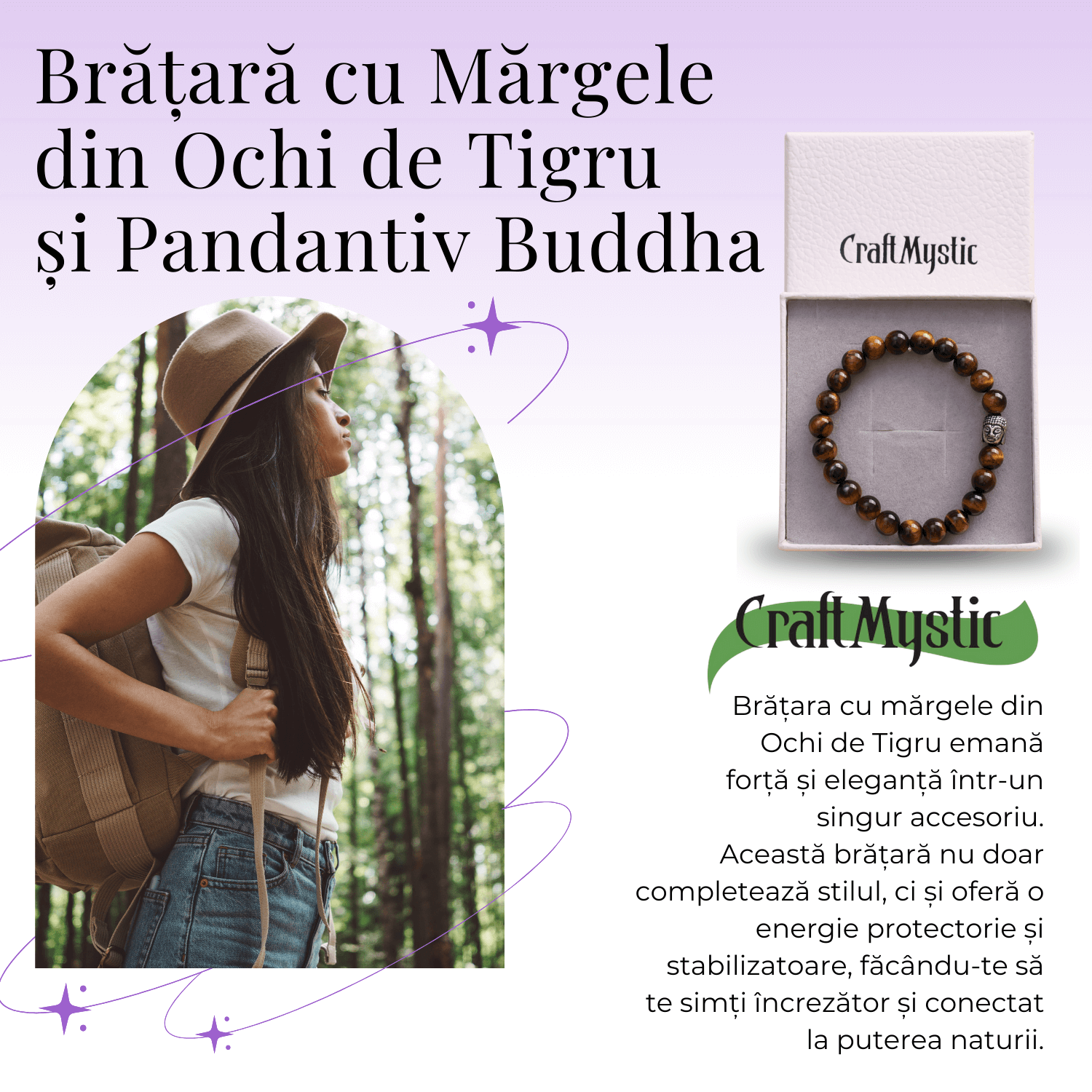 Bratara Elastica cu Margele 8mm din Piatra Naturala Ochi de Tigru si Pandantiv Buddha