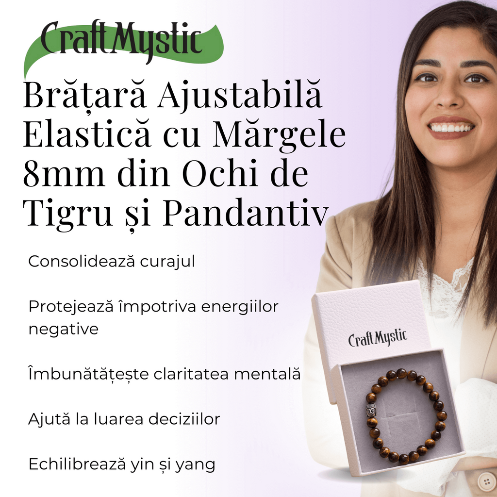Bratara Elastica cu Margele 8mm din Piatra Naturala Ochi de Tigru si Pandantiv Buddha