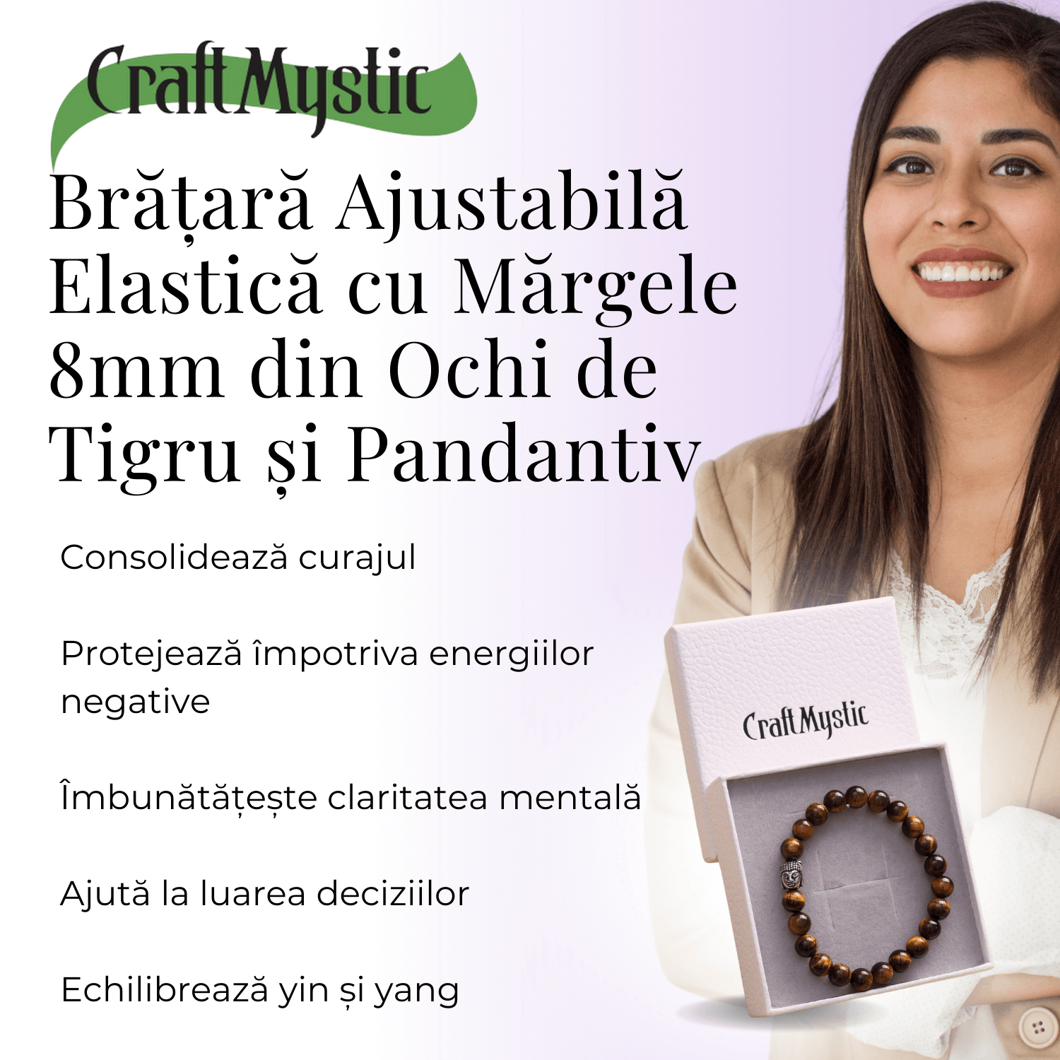 Bratara Elastica cu Margele 8mm din Piatra Naturala Ochi de Tigru si Pandantiv Buddha