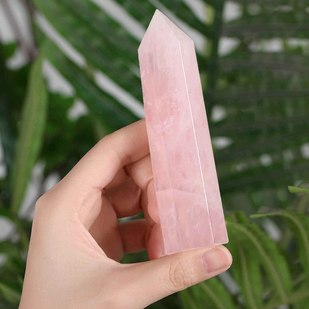 Turn Obelisc de 10-11 cm din Cuart Roz Natural, Bagheta Mare de Cristal Vindecator cu 6 Fatete pentru Reiki, Chakra, Terapie de Meditatie