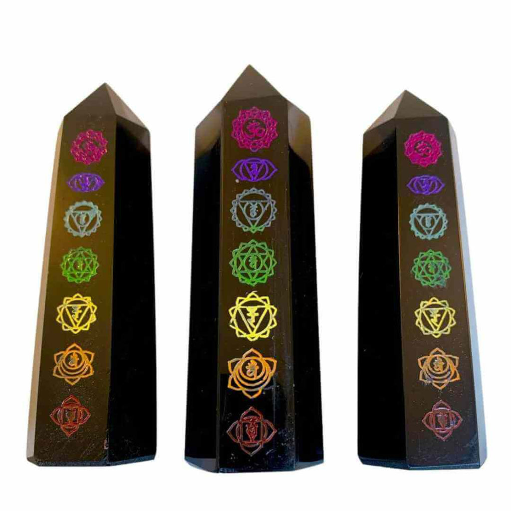 Turn de cristal din Obsidian Negru 9-10 cm cu cele 7 Chakre