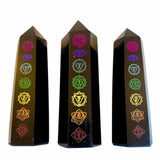 Turn de cristal din Obsidian Negru 9-10 cm cu cele 7 Chakre