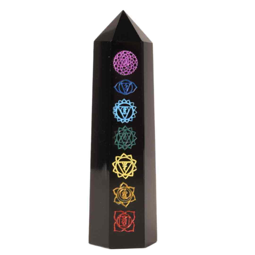 Turn de cristal din Obsidian Negru 9-10 cm cu cele 7 Chakre - Baghetă hexagonală pentru vindecare, reiki și decor pentru casă și birou