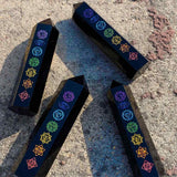 Turn de cristal din Obsidian Negru 9-10 cm cu cele 7 Chakre