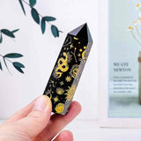 Turn din Cristal de Obsidian Natural de 9-10 cm cu Model Stea si Luna Acoperit cu Auriu - Bagheta pentru decor, meditatie