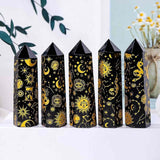 Turn din Cristal de Obsidian Natural de 9-10 cm cu Model Stea si Luna Acoperit cu Auriu - Bagheta pentru decor, meditatie