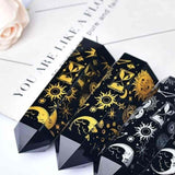 Turn din Cristal de Obsidian Natural de 9-10 cm cu Model Stea si Luna Acoperit cu Auriu - Bagheta pentru decor, meditatie