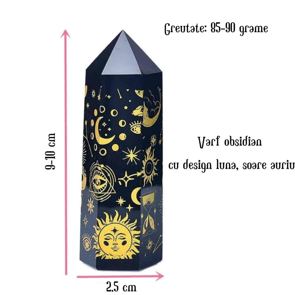 Turn din Cristal de Obsidian Natural de 9-10 cm cu Model Stea si Luna Acoperit cu Auriu - Bagheta pentru decor, meditatie