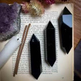 Turn Hexagonal Dublu Varf din Obsidian Negru inaltime de 7-9 cm