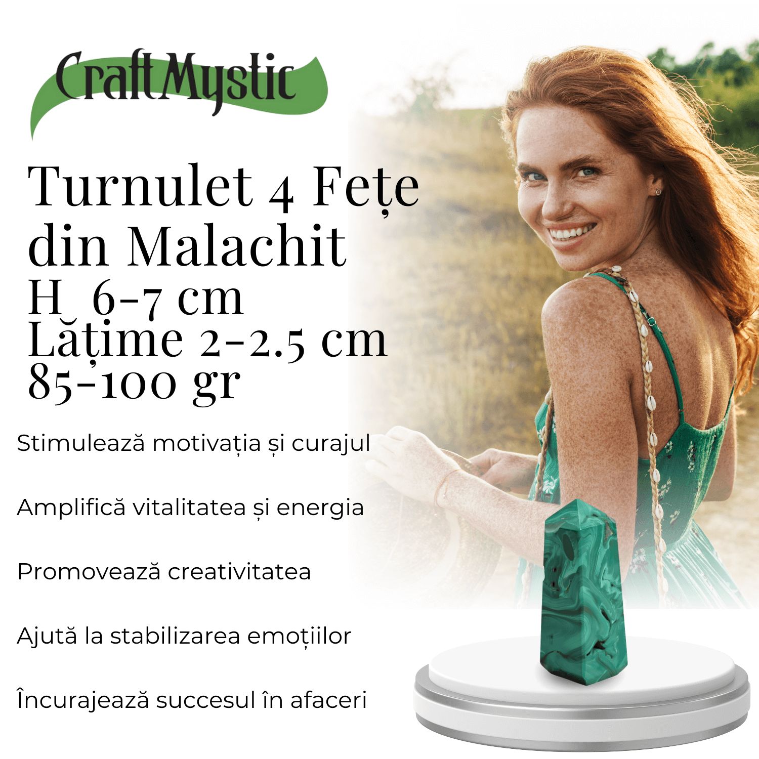 Turnulet 4 fete din Malachit H = 6-7 cm latime 2-2.5 cm 85-100 gr