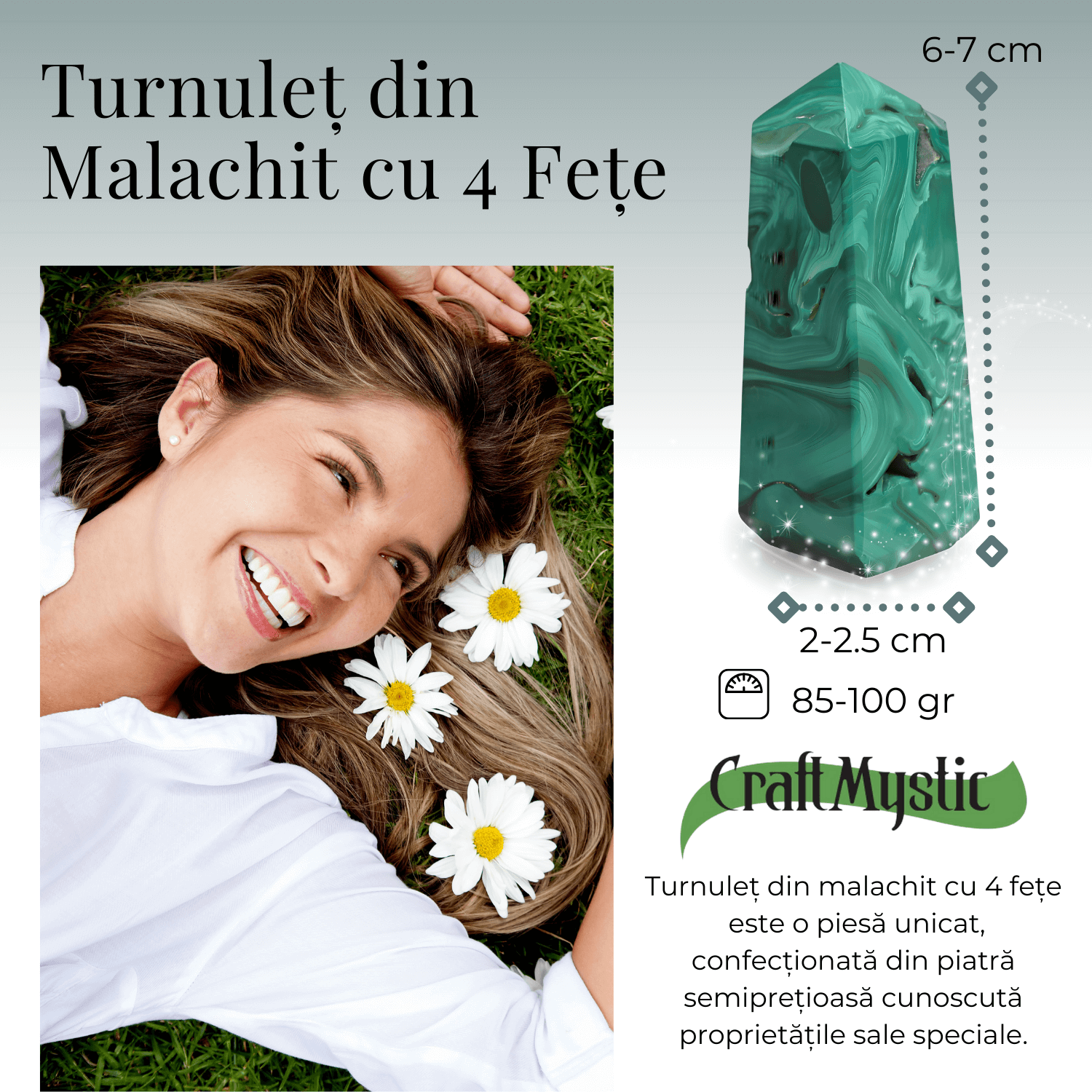 Turnulet 4 fete din Malachit H = 6-7 cm latime 2-2.5 cm 85-100 gr