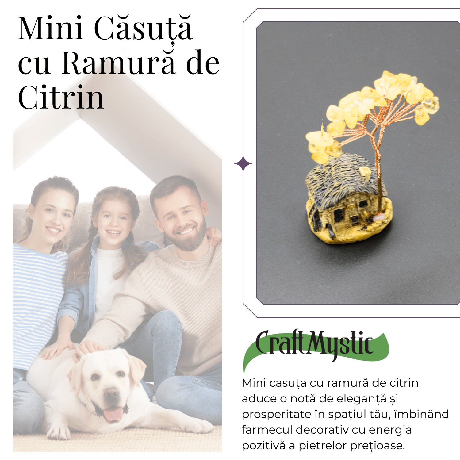 Figurina casuta cu ramura din Citrin Natural , Arbore de Energie Spirituala Reiki, pentru Decoratiuni de Birou si Acasa