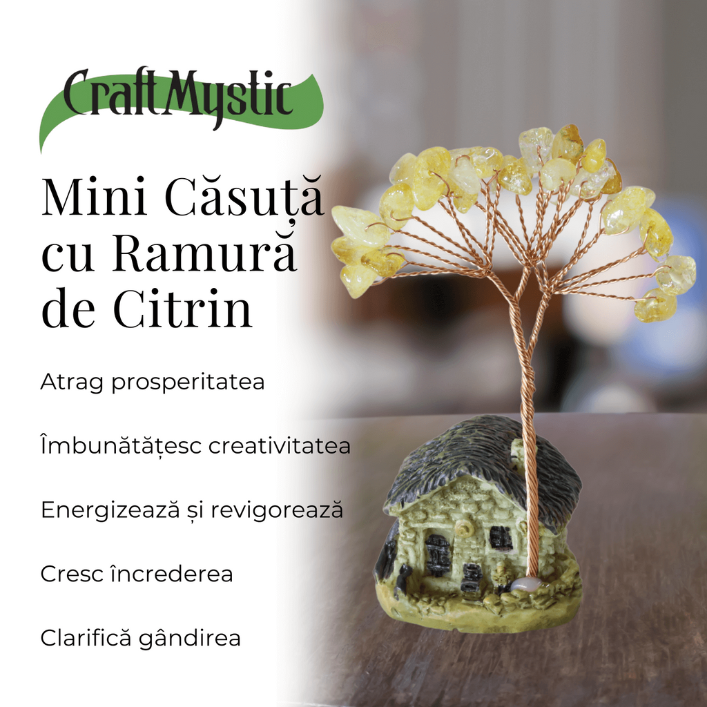 Figurina casuta cu ramura din Citrin Natural , Arbore de Energie Spirituala Reiki, pentru Decoratiuni de Birou si Acasa