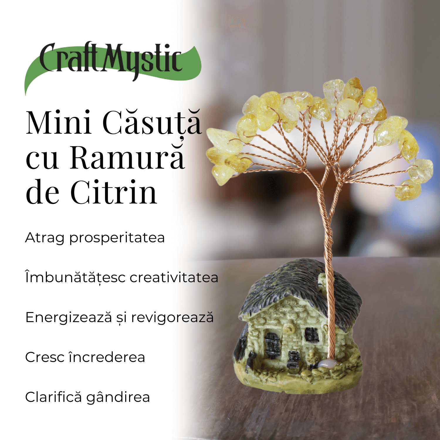 Figurina casuta cu ramura din Citrin Natural , Arbore de Energie Spirituala Reiki, pentru Decoratiuni de Birou si Acasa