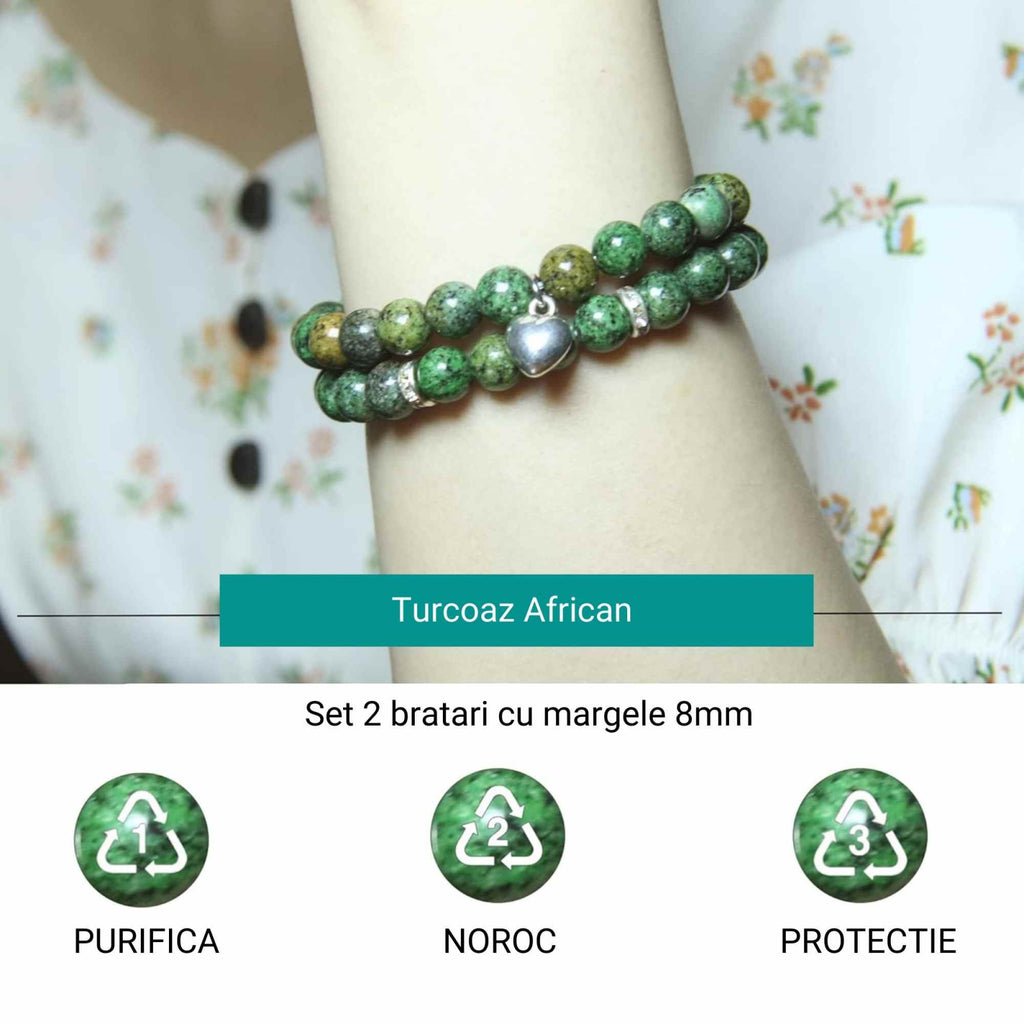 Set 2 Bratari elastice cu Margele 8mm din Turcoaz African Pentru Vindecare, Alinarea Anxietatii si Stresului