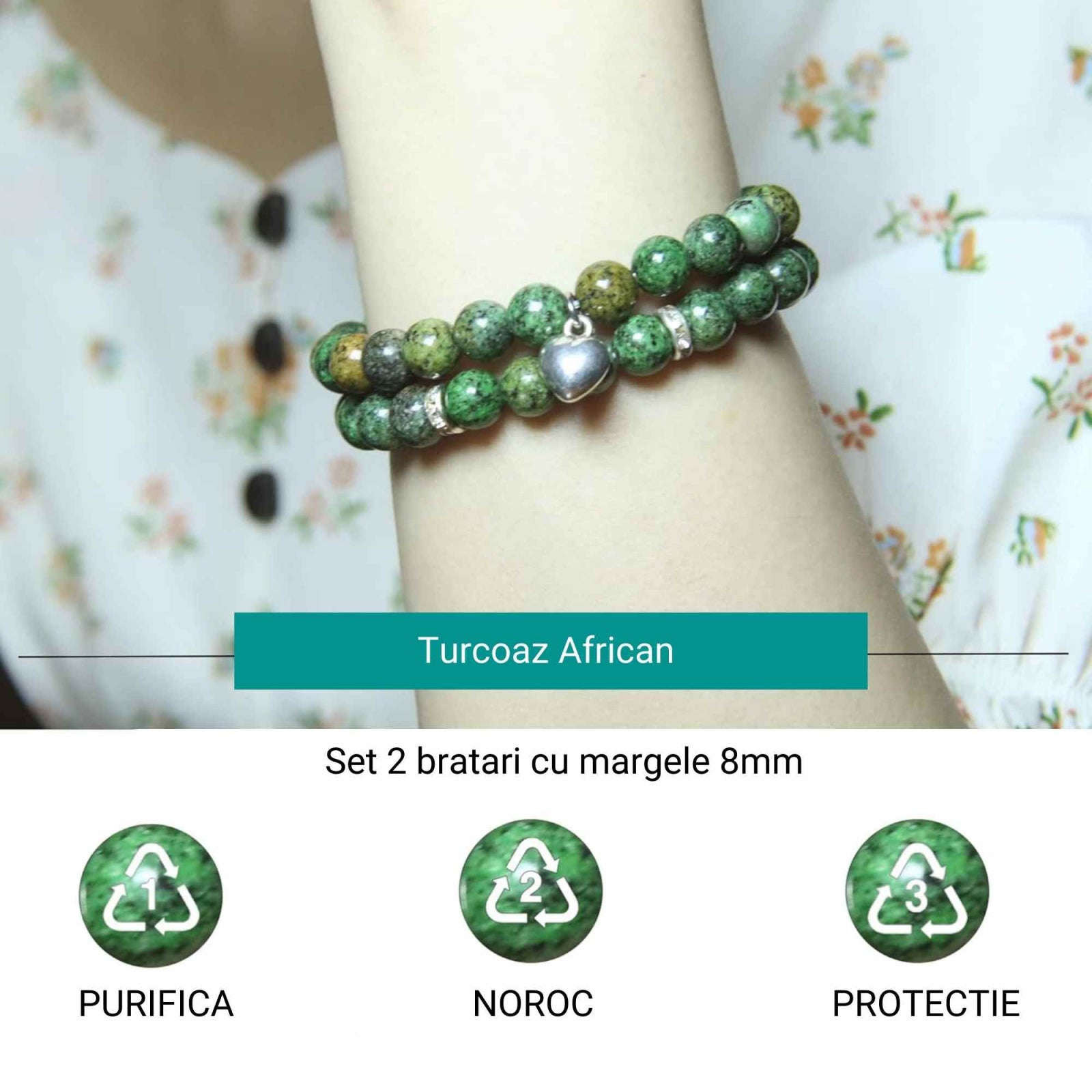 Set 2 Bratari elastice cu Margele 8mm din Turcoaz African Pentru Vindecare, Alinarea Anxietatii si Stresului