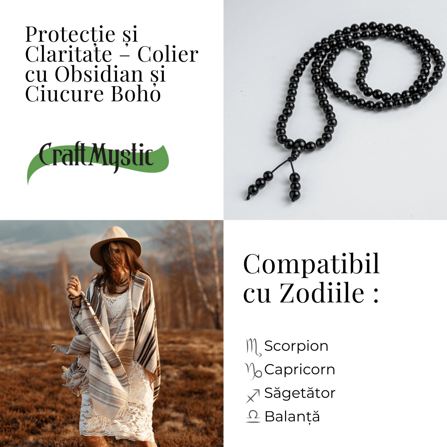 Protectie si Claritate – Colier Mala cu Obsidian si Ciucure Boho